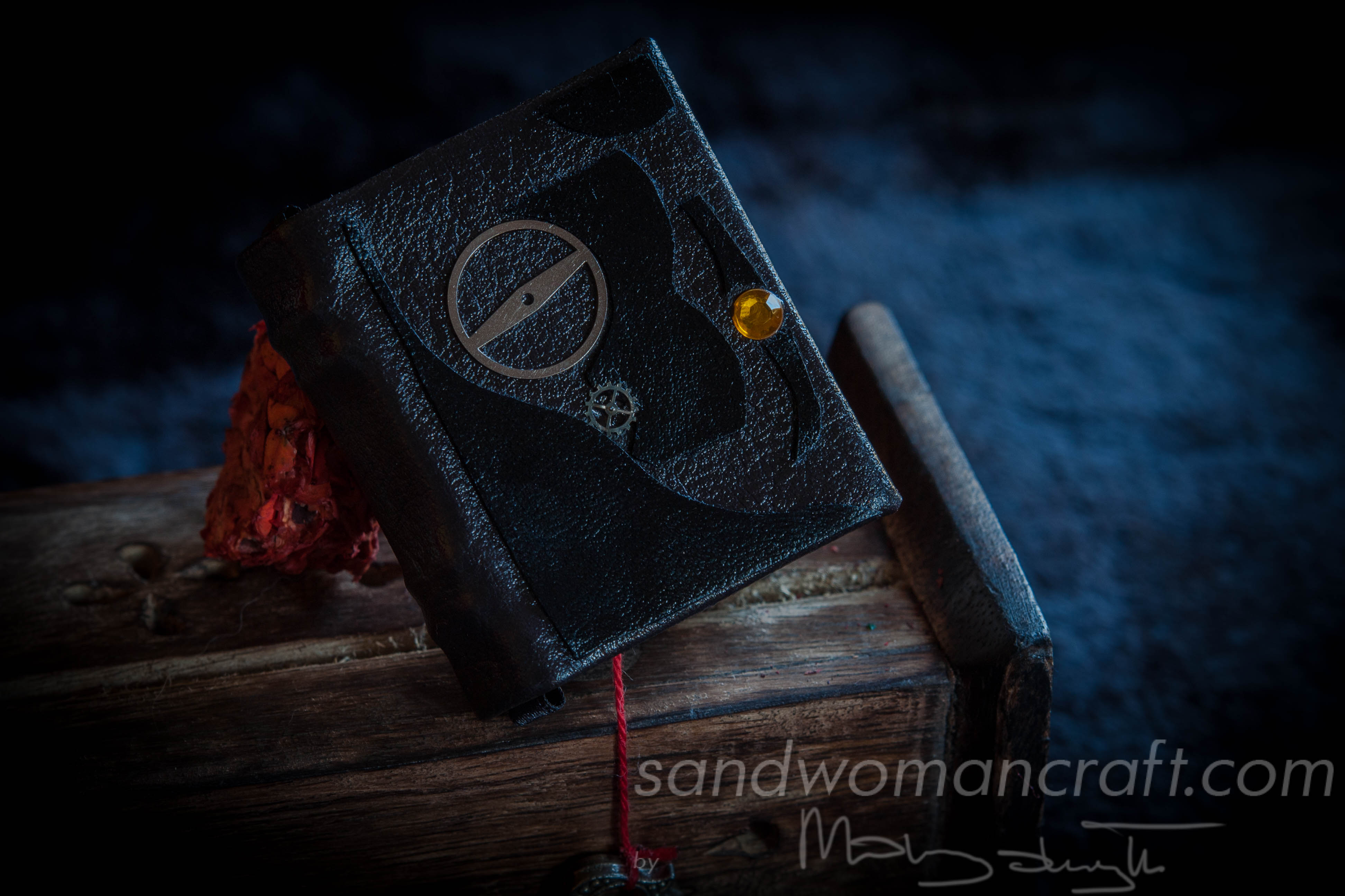 Dark brown leather miniature steampunk book