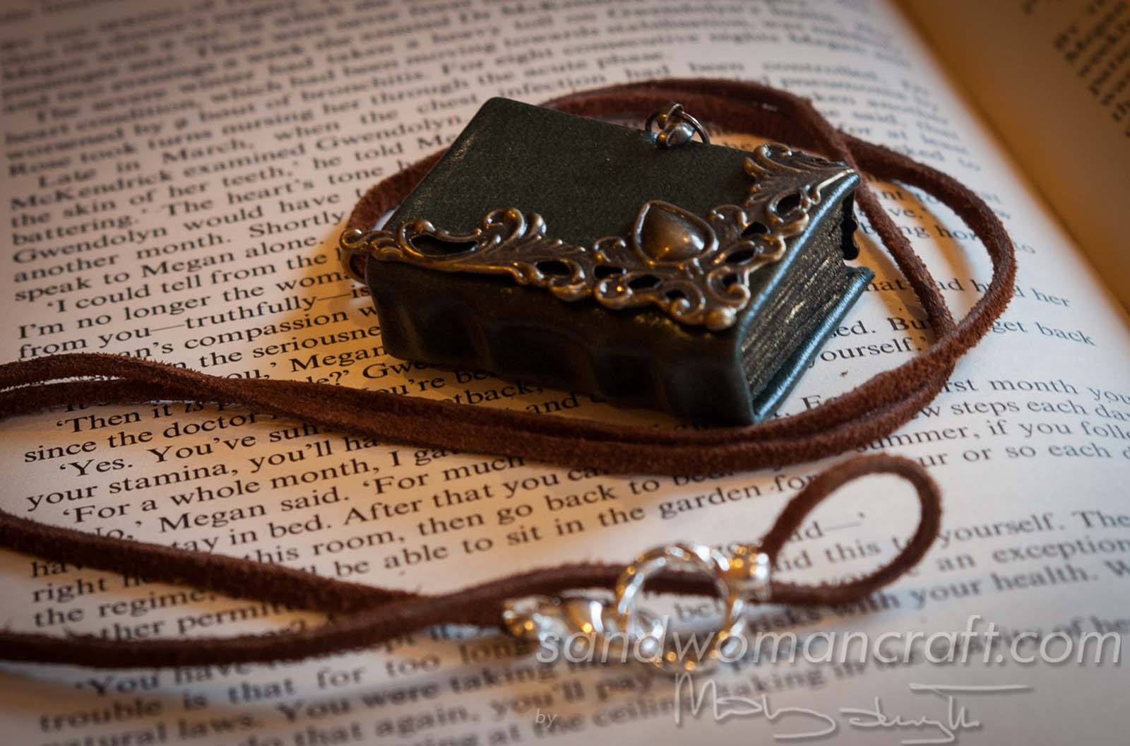 Miniature leather book necklace with filigree