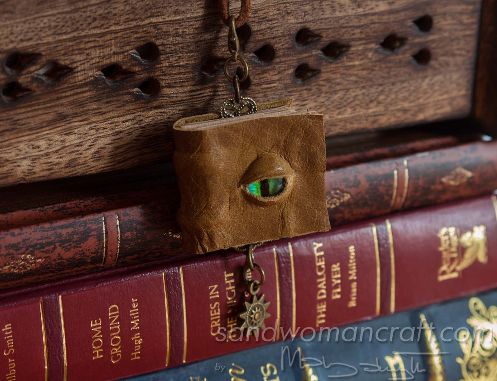 Miniature leather book necklace with glass Dragon's eye
