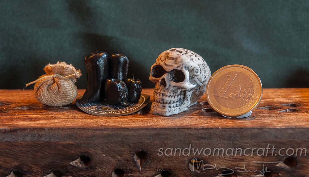 Miniature celtic skull, black candles, wheel of the year, pouch