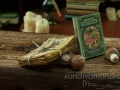 Miniature book and aged papers, mushrooms set. Dollhouse miniatures in 1/12 scale