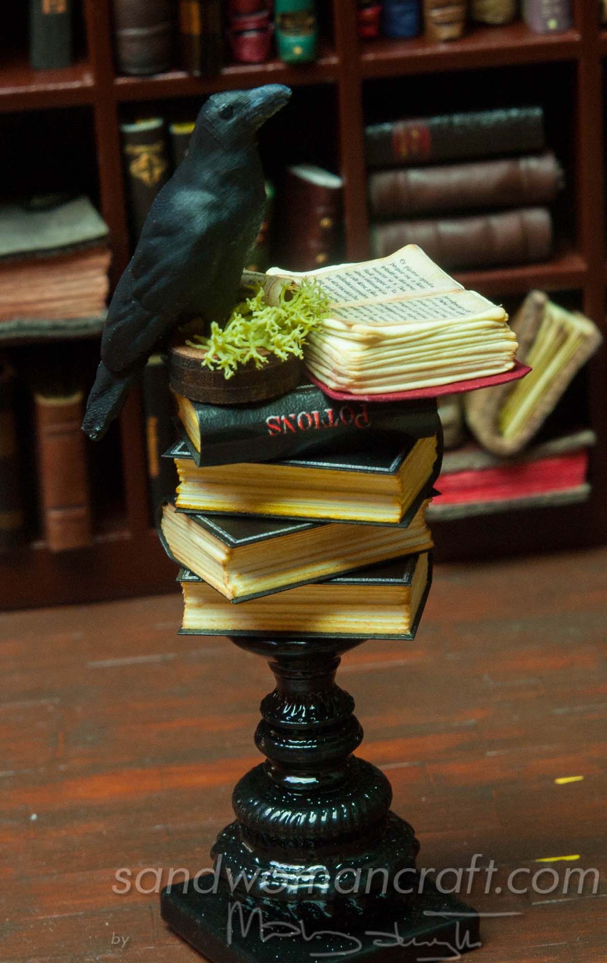 Miniature book stack with Crow for Halloween setting