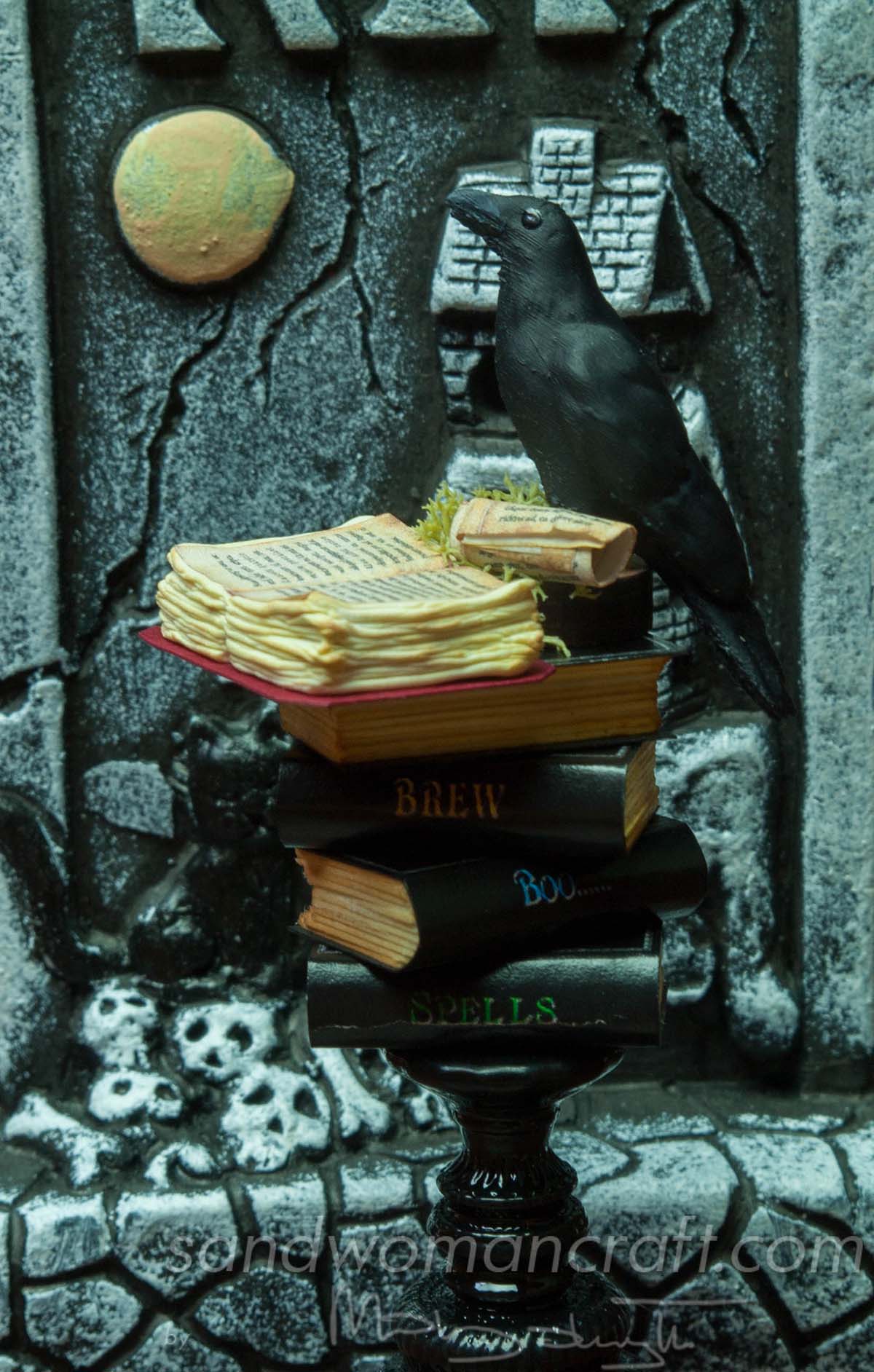 Miniature book stack with Crow for Halloween setting