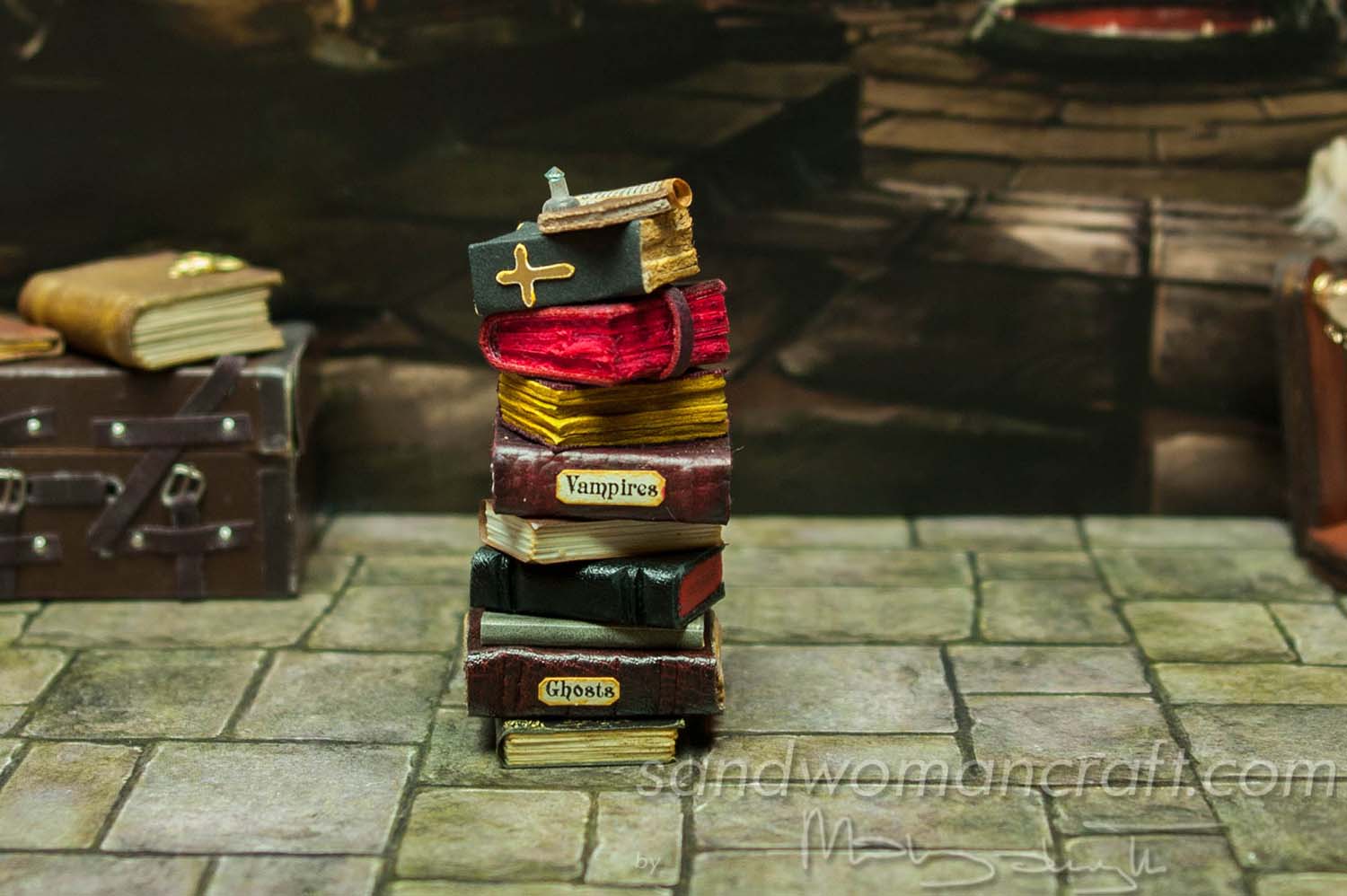 Miniature leather books stack- vampire theme